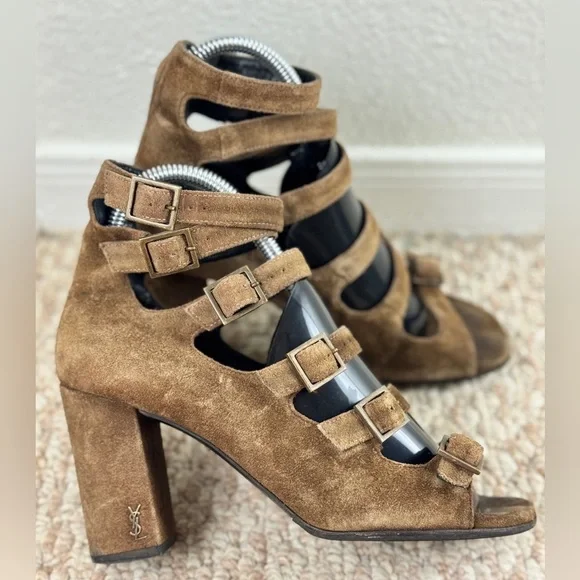 Saint Laurent Brown Suede Strappy Block Heels/Shoes 6.5